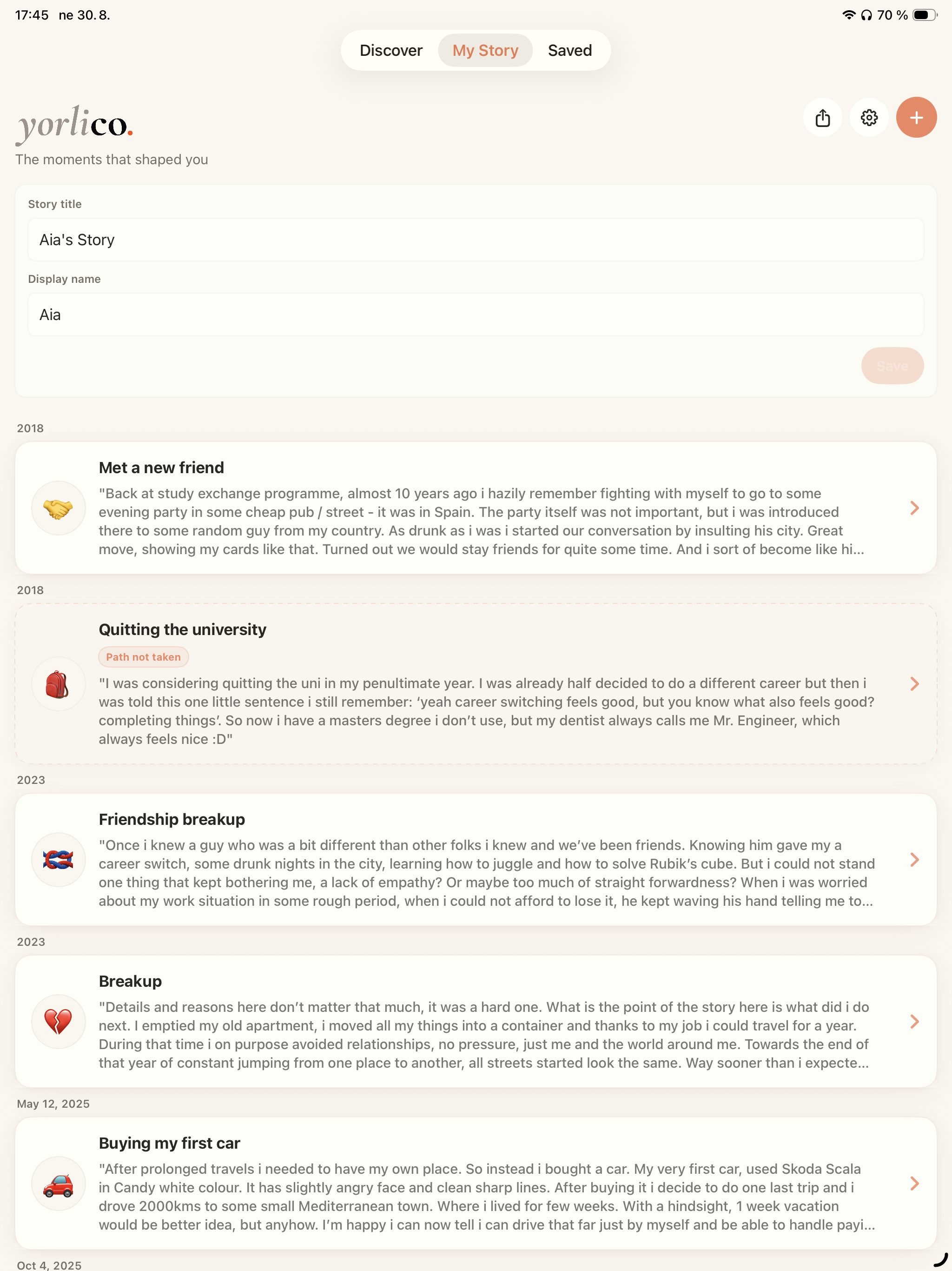 Yorlico My Story screen on iPad