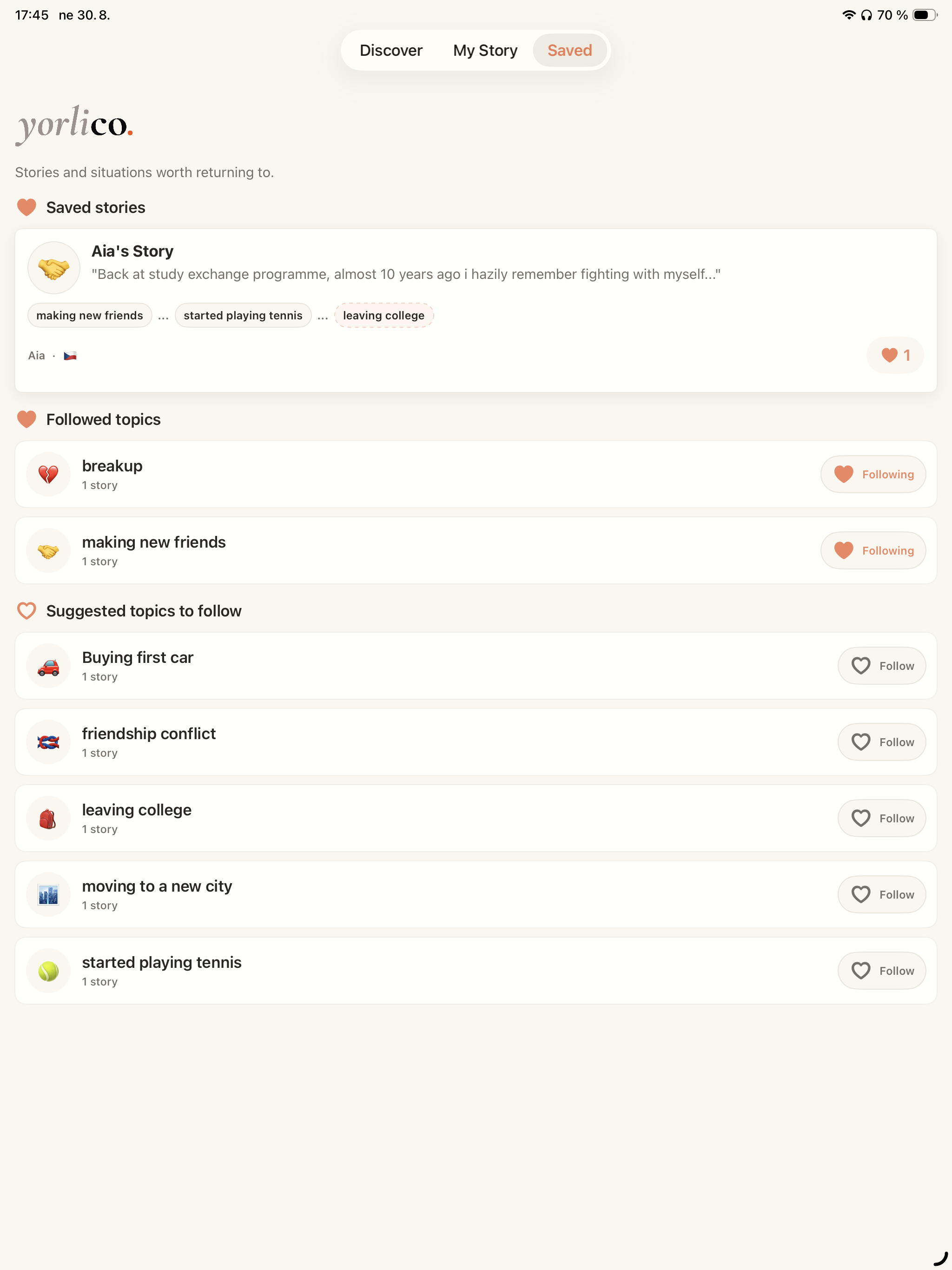 Yorlico Saved screen on iPad