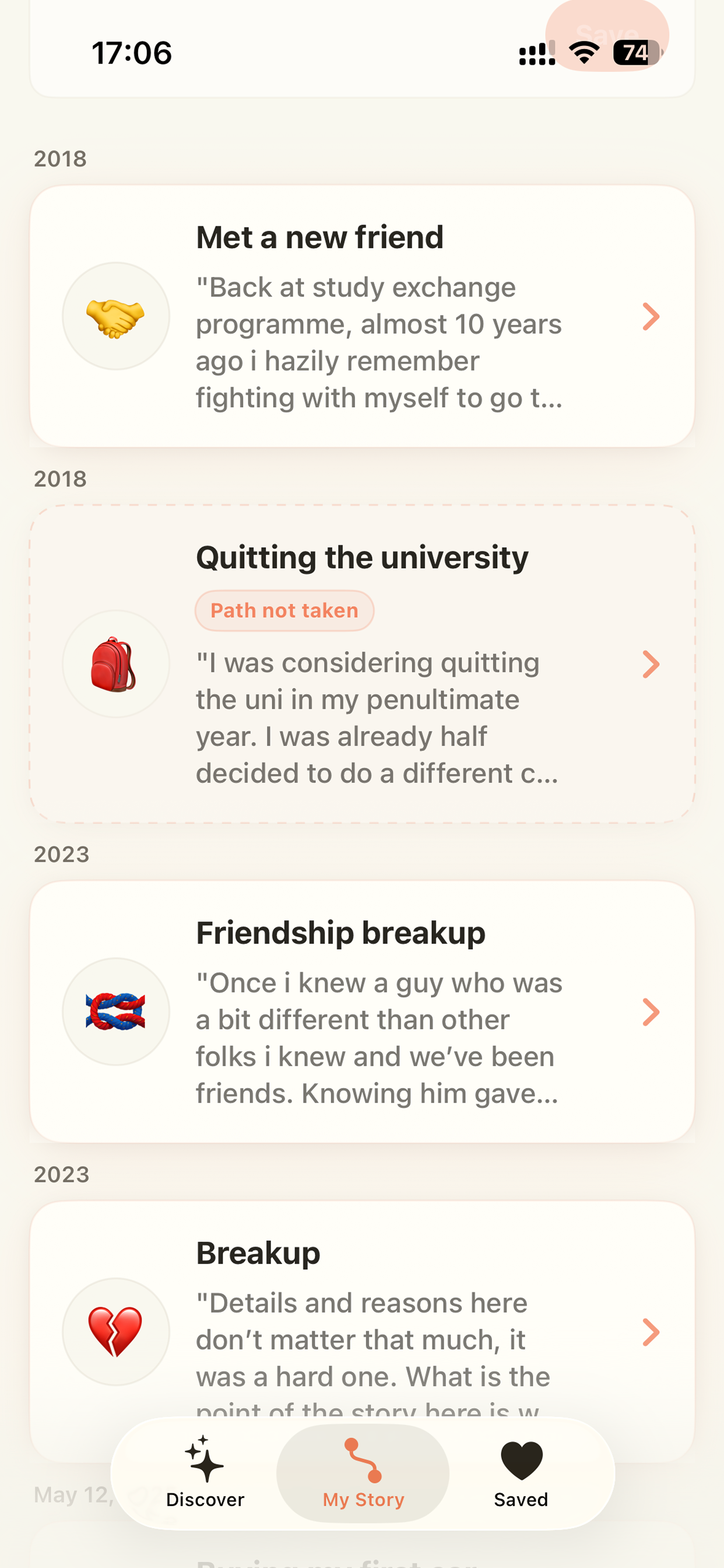 Yorlico My Story screen showing a personal timeline